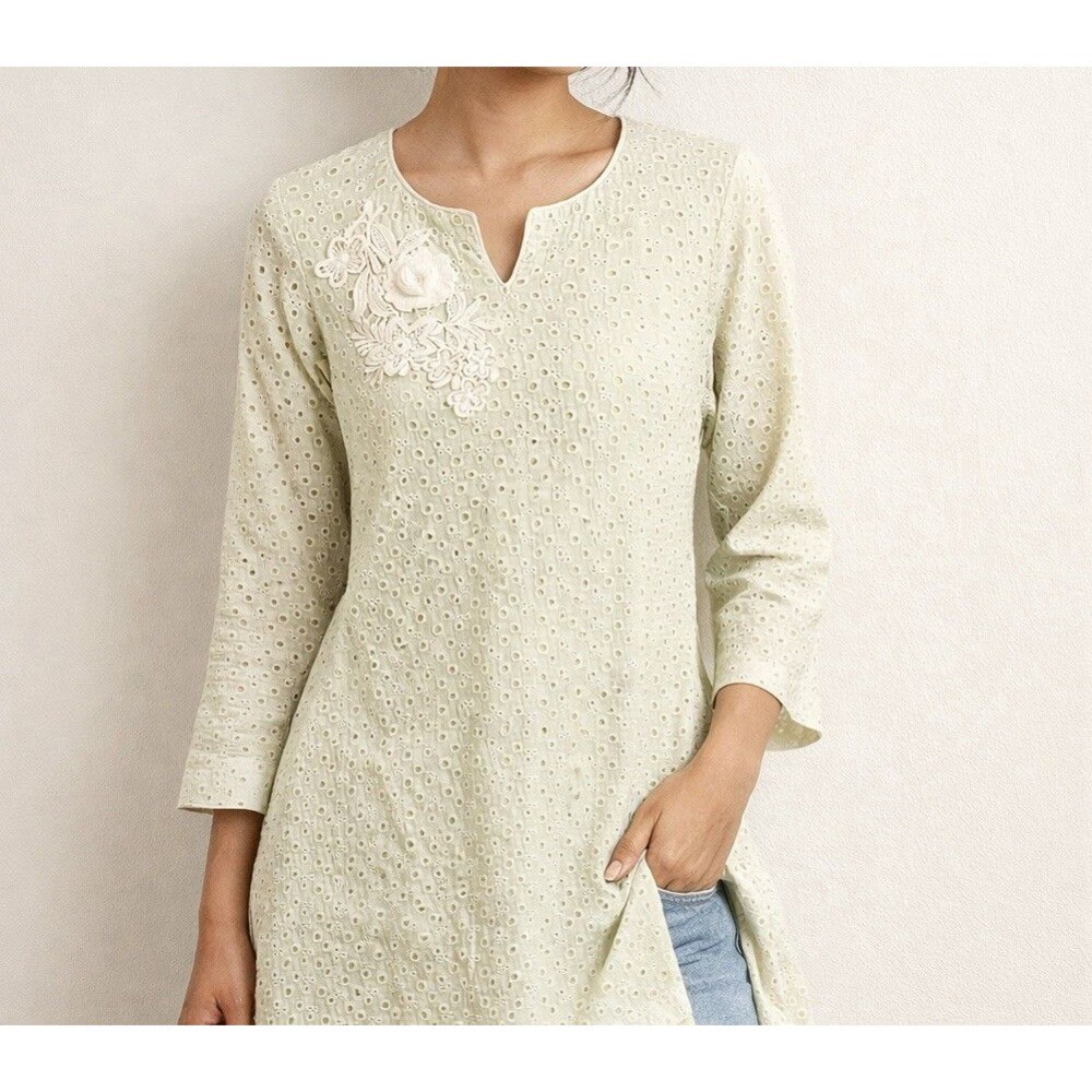Green  Eyelet Embroidered Tunic Top Dress Fit S/M
